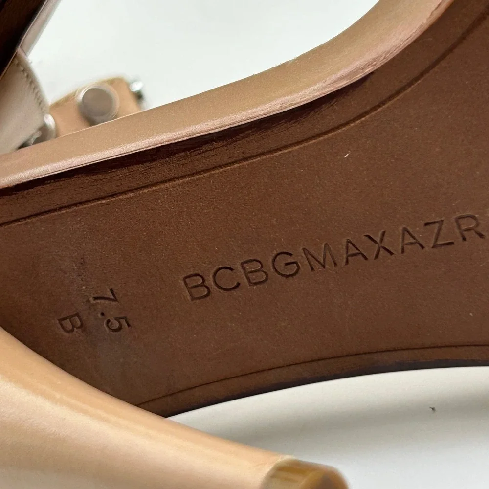 BCBGMAXAZRIA Marie Sandals Womens 7.5 Tan Studded Leather Stiletto Edgy Chic